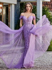 Spitze Oberteil Rücken Schulterfrei Tüllkleid Lila