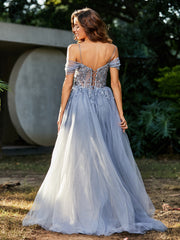 Spitze Oberteil Rücken Schulterfrei Tüllkleid Silber