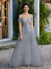 Spitze Oberteil Rücken Schulterfrei Tüllkleid Stahlgrau