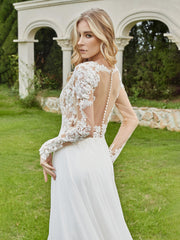 Tief V-Ausschnitt Kapelle Zug Brautkleid mit Knöpfen Champagner