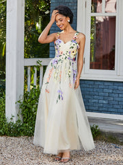 Teelänge Blumen Tüll Kleid Narzisse