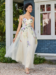 Teelänge Blumen Tüll Kleid Narzisse