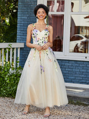 Teelänge Blumen Tüll Kleid Narzisse