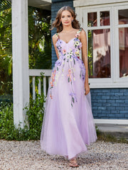 Teelänge Blumen Tüll Kleid Lila Übergröße
