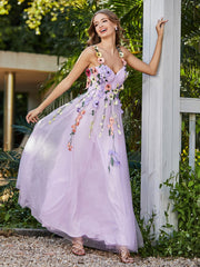 Teelänge Blumen Tüll Kleid Lila