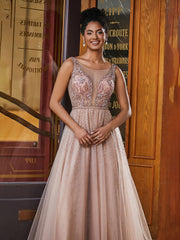 Illusion Hals Perlen Strass Dekor A-Linie Tüllkleid Staubige Rosa