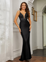Tiefer V-Ausschnitt Applique Etui-Linie Kleid Schwarz