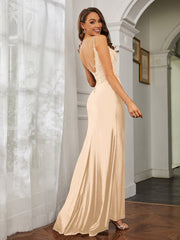 Tiefer V-Ausschnitt Applique Etui-Linie Kleid Champagner