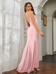 Tiefer V-Ausschnitt Applique Etui-Linie Kleid Staubige Rosa