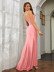 Tiefer V-Ausschnitt Applique Etui-Linie Kleid Flamingo