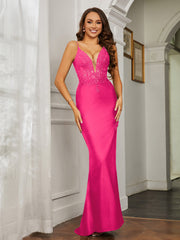 Tiefer V-Ausschnitt Applique Etui-Linie Kleid Fuchsia Übergröße