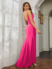 Tiefer V-Ausschnitt Applique Etui-Linie Kleid Fuchsia