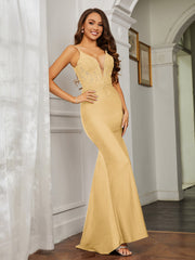 Tiefer V-Ausschnitt Applique Etui-Linie Kleid Gold