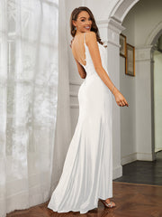 Tiefer V-Ausschnitt Applique Etui-Linie Kleid Elfenbein