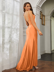 Tiefer V-Ausschnitt Applique Etui-Linie Kleid Orange