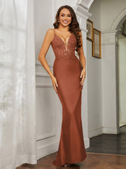 Tiefer V-Ausschnitt Applique Etui-Linie Kleid Rost