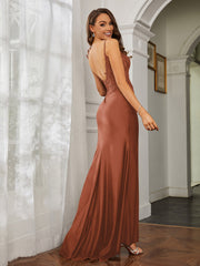 Tiefer V-Ausschnitt Applique Etui-Linie Kleid Rost