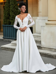 Spitze Rückenfrei A-Linie Brautkleid mit Knopf Weiß