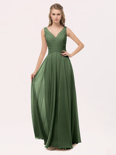 V-Ausschnitt lange Chiffon Kleid mit Bowknot Olivgrün