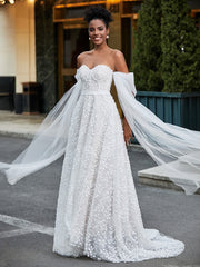 Herzform Ausschnitt Ärmellos Spitze A-Linie Brautkleid Elfenbein