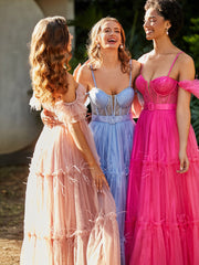 Boho Stufenrock Korsett Oberteil Tüll Kleid Blau