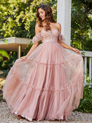 Boho Stufenrock Korsett Oberteil Tüll Kleid Staubige Rosa Übergröße