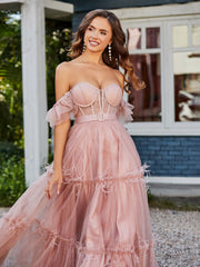 Boho Stufenrock Korsett Oberteil Tüll Kleid Staubige Rosa