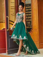 Vintage Perlen appliziertes asymmetrisches Kleid Dunkelgrün