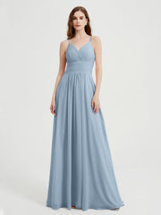 Spaghetti Träger Chiffon Kleid mit V-Ausschnitt und Taschen Staubiges Blau