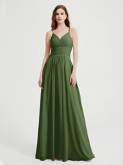Spaghetti Träger Chiffon Kleid mit V-Ausschnitt und Taschen Moos