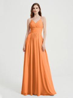 Spaghetti Träger Chiffon Kleid mit V-Ausschnitt und Taschen Orange Übergröße