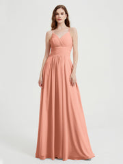 Spaghetti Träger Chiffon Kleid mit V-Ausschnitt und Taschen Papaya
