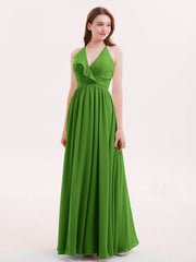 V-Ausschnitt Voller Länge Chiffon Brautjungfernkleid Moos