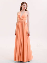 V-Ausschnitt Voller Länge Chiffon Brautjungfernkleid Papaya