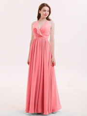 V-Ausschnitt Voller Länge Chiffon Brautjungfernkleid Wassermelone