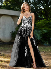 Spitze Applique Hoher Schlitz Tüll Kleid Schwarz Übergröße