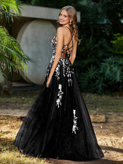 Spitze Applique Hoher Schlitz Tüll Kleid Schwarz