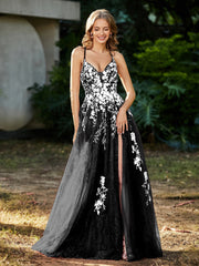 Spitze Applique Hoher Schlitz Tüll Kleid Schwarz