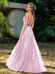 Spitze Applique Hoher Schlitz Tüll Kleid Zartrosa