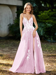 Spitze Applique Hoher Schlitz Tüll Kleid Zartrosa