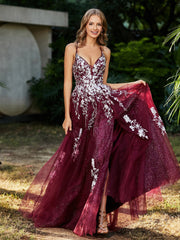 Spitze Applique Hoher Schlitz Tüll Kleid Burgunderrot