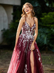 Spitze Applique Hoher Schlitz Tüll Kleid Burgunderrot