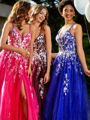 Spitze Applique Hoher Schlitz Tüll Kleid Königsblau