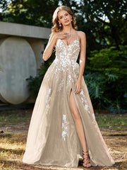 Spitze Applique Hoher Schlitz Tüll Kleid Champagner