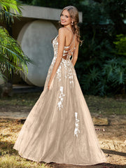 Spitze Applique Hoher Schlitz Tüll Kleid Champagner