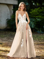 Spitze Applique Hoher Schlitz Tüll Kleid Champagner