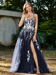 Spitze Applique Hoher Schlitz Tüll Kleid Dunkelmarine