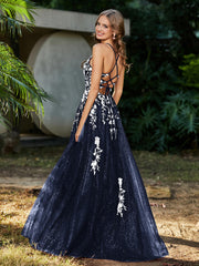 Spitze Applique Hoher Schlitz Tüll Kleid Dunkelmarine