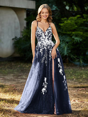Spitze Applique Hoher Schlitz Tüll Kleid Dunkelmarine