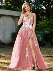 Spitze Applique Hoher Schlitz Tüll Kleid Flamingo